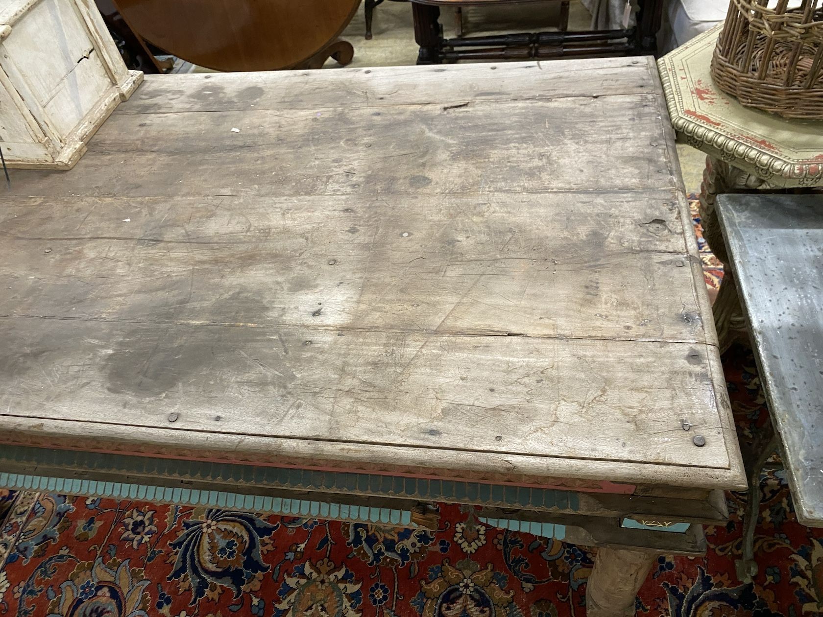 An Indonesian part painted rectangular hardwood serving table, length 184cm, depth 108cm, height 82cm